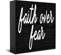 Faith Over Fear Home Office Decor Wooden Box Sign, Decorative Positive Office Desk Accessories Wood Plaque Wood Table Sign For Tv Cabinet Shelf 5 X 5 Inch