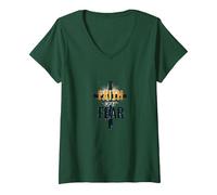 Faith Over Fear Inspiring Christian Cross Motivational V-Neck T-Shirt, Women, Forest Green, M
