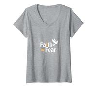 Faith Over Fear: Inspiring Spiritual Dove Message V-Neck T-Shirt, Women, Heather Grey, XXL