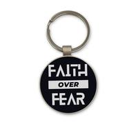 Faith over Fear Keychain, Black Glass Circle Design, Custom, Steel Keyring