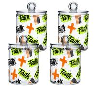 Faith over Fear Neon Green Flag Clear Plastic Food Organizer Storage with lid Bathroom Essentials Decorative storage bin for Cotton Swabs,Cotton Pads,Floss Picks,Paper Clips,Hair Clips 4 Pack