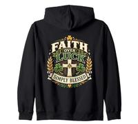 Faith Over Luck Blessed Cross Shamrock Graphic Simply Green Zip Hoodie