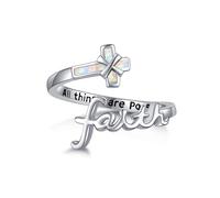 Faith Ring 925 Sterling Silver Cross Faith Opal Adjustable Spoon Thumb Open Ring Christian Religious Catholic Cross Jewellery Gifts for Women Girls Daughter Friend