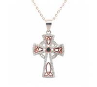 Faith Rose Gold Sterling Silver CZ Celtic Cross with Rose Gold Tone Trinity Symbols & Centre Green CZ Necklace 1.7 x 2.5cm, 16-18"