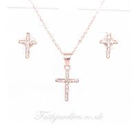 Faith Rose Gold Sterling Silver Sterling Silver Rose Gold E-Coated CZ Cross Earring and Pendant Set 10x15mm