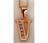 Faith Rose Gold Sterling Silver Sterling Silver Rose Gold Initial V Pendant 11mm x 10mm with Diamond Cut 18" Chain