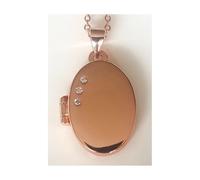 Faith Rose Gold Sterling Silver Sterling Silver Rose Gold Micron Plain Oval with 3 CZ 15mm x 20mm Locket on Diamond Cut 18" Chain