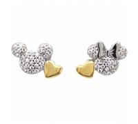 Faith Sterling Silver CZ Mickey & Minnie with Gold Tone Heart Stud Earrings 1.1 x 0.8cm
