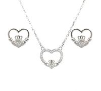 Faith Sterling Silver Open CZ Heart Claddagh Necklace & Earrings Set 1.3 x 1.1cm, 1.3 x 1.2cm, 16-18"