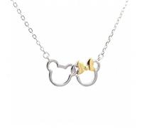 Faith Sterling Silver Plain Mickey & Minnie Outline with Gold Tone Bow Necklace 1.8 x 0.9cm, 16-18"