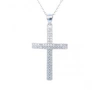 Faith Sterling Silver Sterling Silver Claw Set Double CZ Rows Cross Necklace 27x18mm, 16-18"