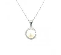 Faith Sterling Silver Sterling Silver CZ Crescent with Pearl Necklace 12x10mm, 16-18"