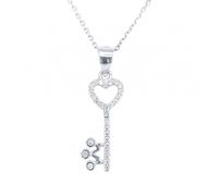 Faith Sterling Silver Sterling Silver CZ Heart Top Key with Crown Bottom Necklace 19x10mm, 16-18"