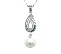 Faith Sterling Silver Sterling Silver CZ Inside Plain Pear Swirl with Large Single Pearl Necklace 28x9mm, 16-18"