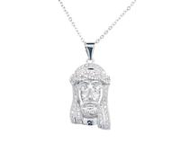 Faith Sterling Silver Sterling Silver CZ Jesus' Head Necklace 22x13mm, 16-18"