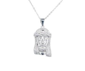 Faith Sterling Silver Sterling Silver CZ Jesus' Head Necklace 22x13mm, 16-18"