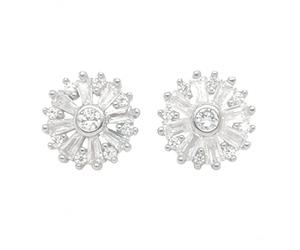 Faith Sterling Silver Sterling Silver CZ Round Rubover Centre with Open Baguette Flowers into CZ Halo 10x10mm Stud Earrings