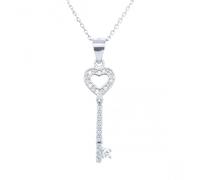 Faith Sterling Silver Sterling Silver CZ Rubover Heart Shaped Top Key Necklace 24x8mm, 16-18"