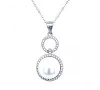Faith Sterling Silver Sterling Silver Double CZ Open Circles with 1 Pearl Centre Necklace 22x19mm, 16-18"