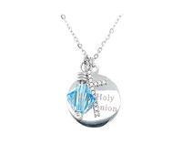 Faith Sterling Silver Sterling Silver First Holy Communion, CZ Cross & March Birthstone Necklace 15x15mm, 16-18"