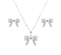 Faith Sterling Silver Sterling Silver Full CZ Pave Set Bow Necklace & Earrings Set 15x10mm, 16-18"