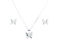 Faith Sterling Silver Sterling Silver Half Plain & Alternate CZ Wing Butterfly Necklace & Earrings Set 9x9mm, 16-18"