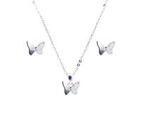 Faith Sterling Silver Sterling Silver Half Plain Half CZ Butterfly Necklace & Earrings Set 9x6mm, 16-18"