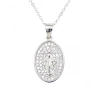 Faith Sterling Silver Sterling Silver Large Oval CZ Pave Background Miraculous Medal Necklace 16x12mm, 16-18"