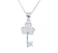 Faith Sterling Silver Sterling Silver Pave 3 Heart Shamrock Top Key Necklace 17x9mm, 16-18"