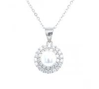 Faith Sterling Silver Sterling Silver Pearl Centre with Double CZ Halo Necklace 12mm, 16-18"