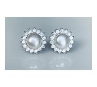 Faith Sterling Silver Sterling Silver Pearl with CZ Claw Set Round Halo Stud Earrings 10x10mm