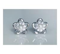 Faith Sterling Silver Sterling Silver Pearl with CZ Halo & Plain Flower Outline Stud Earrings 8x8mm