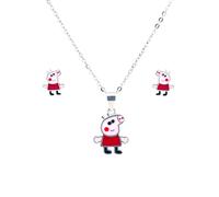 Faith Sterling Silver Sterling Silver Peppa Pig Enamel Necklace & Earrings Set 8x6mm, 12x10mm, 16-18"