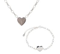 Faith Sterling Silver Sterling Silver Plain Heart Belcher Link Necklace & Bracelet Set 1.4 x 1.3cm, 17cm + 3cm, 16-18"