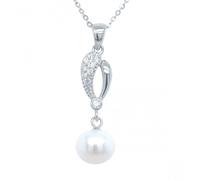 Faith Sterling Silver Sterling Silver Split Half CZ, Half Plain Bar with Large Single Pearl Necklace 21x9mm, 16-18"