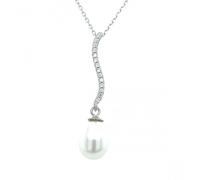 Faith Sterling Silver Sterling Silver Wavy CZ Bar & Pearl Drop Necklace 33x8mm, 16-18"