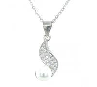Faith Sterling Silver Sterling Silver Wavy CZ Pave Drop with Single Pearl Necklace 16x9mm, 16-18"