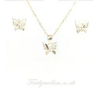 Faith Sterling Silver Sterling Silver Yellow Gold E-Coated Half Plain & Alternate CZ Wing Butterfly Earrings & Pendant Set 9x9mm