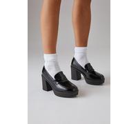 Faith Women's : Cash Faux Patent Leather High Heel Chunky Penny Loafers in Black | Size: 7 Faith Black 7