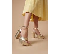 Faith Women's : Hope Faux Metallic Leather Peeptoe High Block Heel Platform Sandals in Metallic Gold | Size: 8 Faith Metallic Gold 8