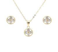 Faith Yellow Gold Sterling Silver 4 CZ Beaded Edge Circle Necklace & Earrings Set 0.8 x 0.8, 0.9 x 0.9cm, 16-18"