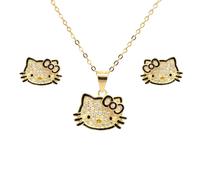Faith Yellow Gold Sterling Silver CZ Pave Hello Kitty with Pink CZ Bow and Black Outline Necklace & Earrings Set 1.1 x 0.8, 1.5 x 1cm, 16-18"