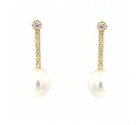 Faith Yellow Gold Sterling Silver CZ Stud & Long CZ Bar Drop with Single Round Pearl Drop Earrings 0.8 x 2.3cm