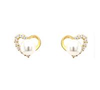 Faith Yellow Gold Sterling Silver Half Plain Half CZ Open Heart with Pearl Centre Stud Earrings 0.8 x 0.9cm