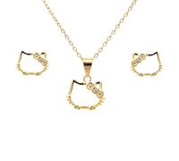 Faith Yellow Gold Sterling Silver Hello Kitty Outline with CZ Bow Necklace & Earrings Set 1 x 0.8, 1.2 x 1cm, 16-18"