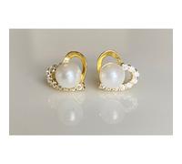 Faith Yellow Gold Sterling Silver Sterling Silver Yellow Gold Half Plain, Half CZ Open Heart with Pearl Centre 8 x 9mm Stud Earrings