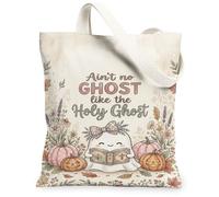 Faithful Ghost Religious Quote Fall Canvas Tote Bag 13x15 Inch | Christian Faith Theme, Bible Reading Ghost, Fanciful Autumn Pumpkins, Soft Floral Accents, Religious Quote