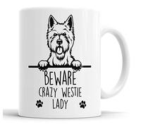 Faithful Prints Westie Beware Crazy Mug Lady Mug Pet Present West Highland Terrier Dog Mum Dad Friend Joke Funny Gift Cup Birthday Christmas, Ceramic Mug