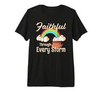 Faithful Through Every Storm Cute Rainbow and Ark Saying Premium T-Shirt