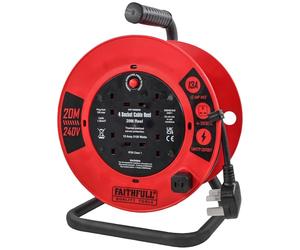 Faithfull 20M Open Cable Reel, 4 Socket Extension Lead with Winding Handle - 240V, 13A